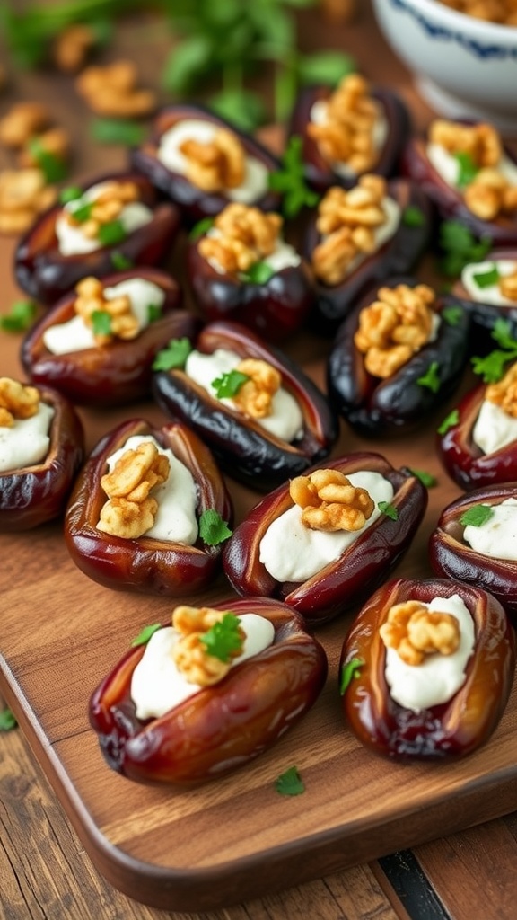 A platter of stuffed dates filled with goat cheese and walnuts, garnished with herbs.